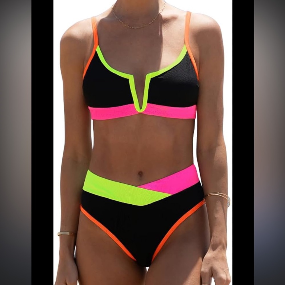 NWT Popvil From Amazon 2 Piece Front V Wired Bikini Swim Set High Waist Size L